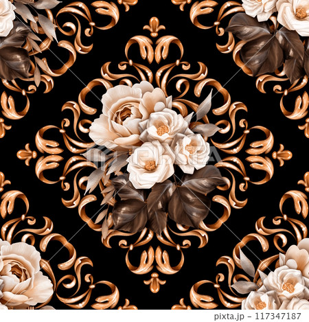 Seamless baroque pattern with rose flowers and golden scrolls on black background 117347187