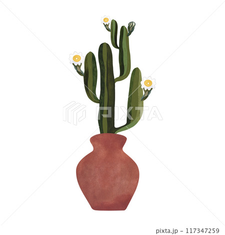 Blooming cactus in a red ceramic amphora pot. Plants for the home. Floriculture. Interior decoration. Isolated watercolor illustration on white background. Clipart. 117347259