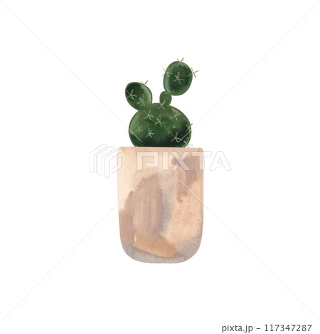 Cactus in a light concrete pot. Plants for the home. Floriculture. Interior decoration. Isolated watercolor illustration on white background. Clipart. 117347287