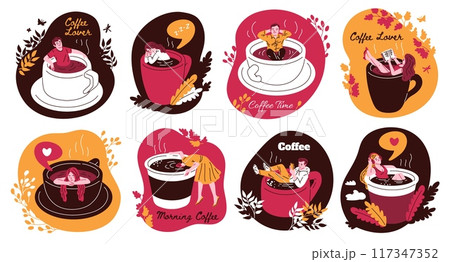 Coffee enthusiasts in mugs vector illustration set 117347352