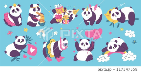 Cartoon pandas adorable asian characters cartoon vector illustration isolated. 117347359