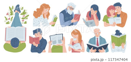 Young and elderly people reading a book with enjoy and great interest, cartoon booklover characters vector set isolated Young and elderly people reading a book with enjoy and great interest, cartoon booklover characters vector set isolated 117347404
