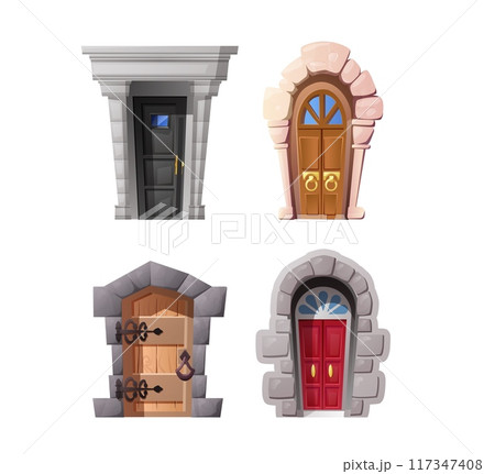 Medieval castle doors vector set, ancient game front portals, entries, vintage entrances from wood, stone and metal haft 117347408