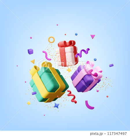 3D gift box with falling confetti 3D gift box with falling confetti 117347497