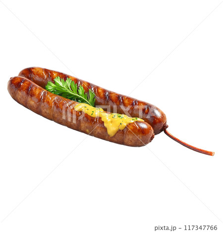 Grilled kangaroo sausages char marks caramelized onions whole grain mustard parsley garnish Culinary and Food 117347766
