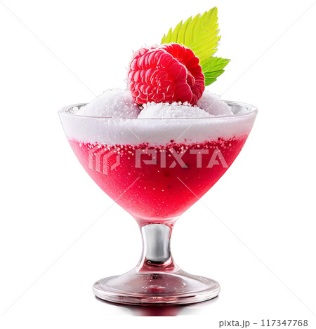 Raspberry sorbet in a stemmed glass topped with fresh raspberries and a sprinkle of powdered-transparent-3 117347768