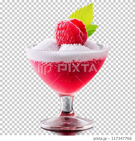 Raspberry sorbet in a stemmed glass topped with fresh raspberries and a sprinkle of powdered-transparent-3 117347768