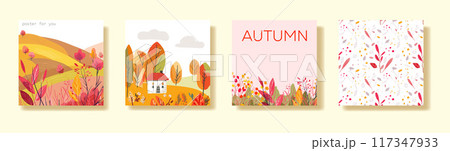 Set of posters autumn landscape Hand drawn White house with a red roof. Fields on the hills. Seamless pattern for covers or wrapping paper. Print on a postcard, poster or wallpaper. Vector 117347933