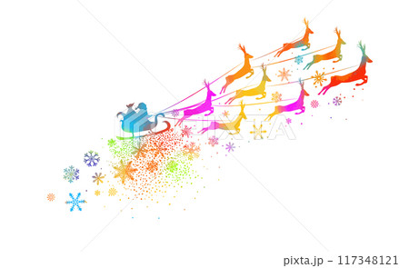colored Silhouette of Santa flying in his sleigh. Christmas element hand drawing. Not AI, Vector illustrations colored Silhouette of Santa flying in his sleigh. Christmas element hand drawing. Not AI, Vector illustrations 117348121