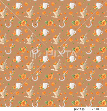 Beautiful seamless floral pattern with hand painted watercolor vibrant flowers, herbal mortar, sickle, cup. Calendula orange on a tan background. Illustration for packaging design, textiles Beautiful seamless floral pattern with hand painted watercolor vibrant flowers, herbal mortar, sickle, cup. Calendula orange on a tan background. Illustration for packaging design, textiles 117348152
