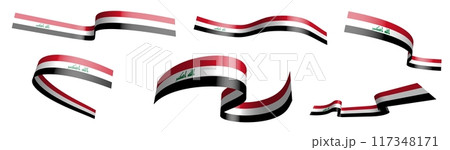 Set of holiday ribbons. Iraq flag waving in wind. Separation into lower and upper layers. Design element. Vector on white background 117348171