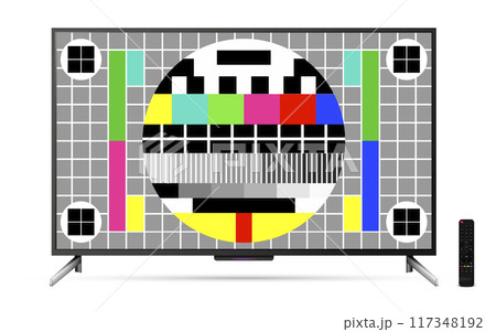 Modern oled tv with remote control and test pattern screen Modern oled tv with remote control and test pattern screen 117348192