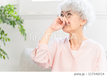 鼻づまりを起こしているシニア女性 鼻づまりを起こしているシニア女性 117348314