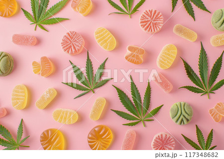 Assorted CBD Gummies with Hemp Leaves on Pink Background - Cannabis Edibles Assorted CBD Gummies with Hemp Leaves on Pink Background - Cannabis Edibles 117348682