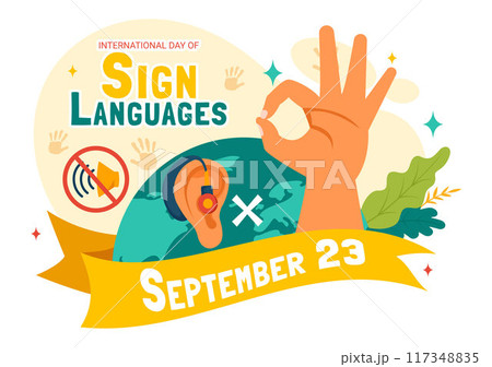 International Day of Sign Languages Vector Illustration Featuring People Demonstrating Hand Gestures and Hearing Disability in a Flat Background 117348835