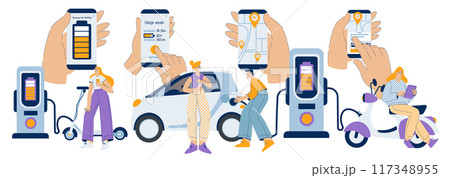Electric Transport with Man and Woman Character Ride Eco-friendly Vehicle Vector Illustration Electric Transport with Man and Woman Character Ride Eco-friendly Vehicle Vector Illustration 117348955