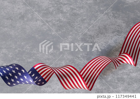 Artistic representation of USA flag, gracefully undulating on textured grey background, creating powerful yet elegant visual. Ideal for themes of patriotism and national pride. Copy space. 3D render. 117349441