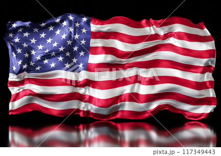 Majestic and vibrant depiction of the American flag, rippling with glossy reflection on a dark surface, ideal for patriotic themes, national holidays, and celebrations of American heritage. 3D render. 117349443