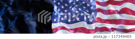 Realistic depiction of the American flag rippling in the wind, set against a dark background, creating a powerful and reflective mood ideal for patriotic holidays, events. Banner with copy space. 3D. Realistic depiction of the American flag rippling in the wind, set against a dark background, creating a powerful and reflective mood ideal for patriotic holidays, events. Banner with copy space. 3D. 117349465