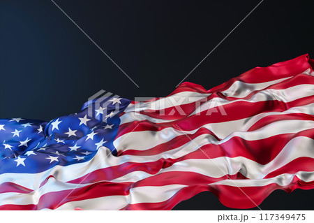 Realistic depiction of the American flag rippling in the wind, set against a dark background, creating a powerful and reflective mood ideal for patriotic holidays, events. Copy space. 3D render. 117349475