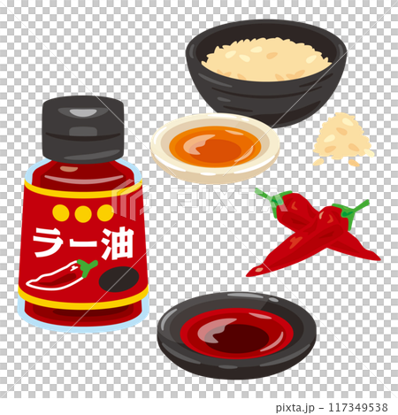 瓶子裡的辣椒油和小盤子裡的辣椒油 117349538
