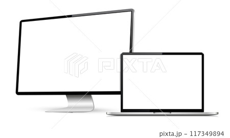 Computer and laptop with white screen on white background Computer and laptop with white screen on white background 117349894