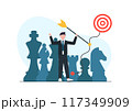 Strategy planning, importance of planning and strategy. growing to achieve target of strategic growth, marketing analysis and management, Man aiming arrow into target. 117349909