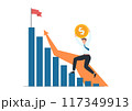 Happy businessman holding up large dollar coin, running up on rising financial graph, target is the highest level of the graph, Investment profit and earning, wealth and asset growth concept. 117349913
