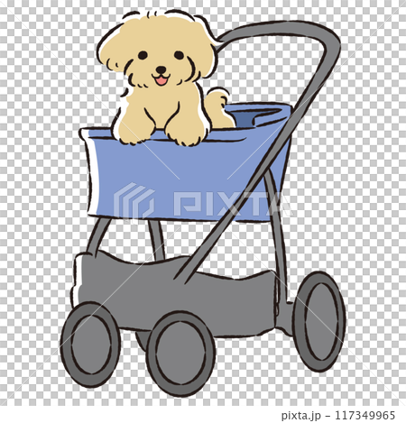 Hand-drawn illustration of a pet cart with a dog Hand-drawn illustration of a pet cart with a dog 117349965