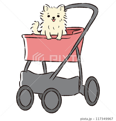 犬が乗ったペットカートの手描きイラスト 117349967