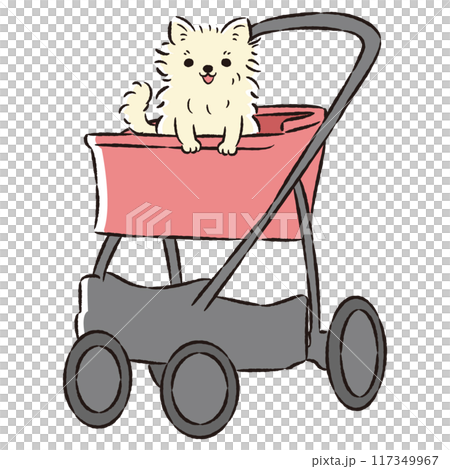 犬が乗ったペットカートの手描きイラスト 117349967