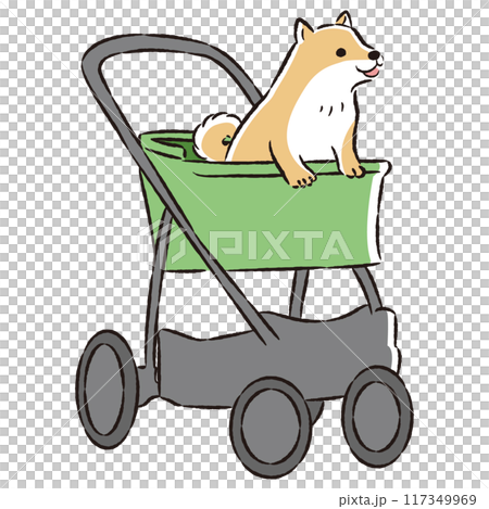 Hand-drawn illustration of a pet cart with a dog 117349969