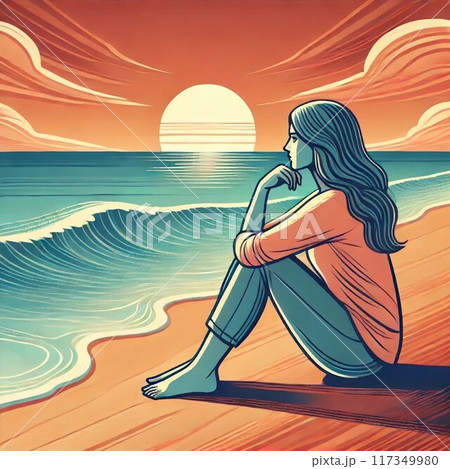 夕暮れの海辺で考える、静かなひととき 夕暮れの海辺で考える、静かなひととき 117349980