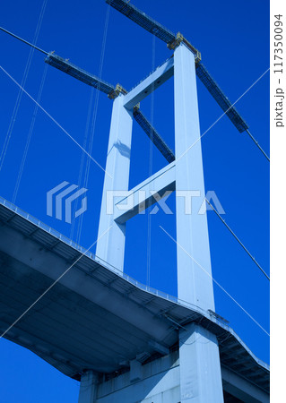 Magnificent Bosphorus bridge connecting the Asian and European sides, bottom view detail, Istanbul Turkey 117350094