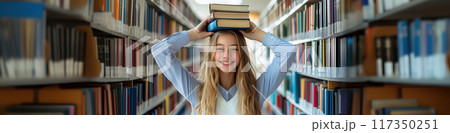 図書館で頭に本を乗せて運ぶ女子生徒 図書館で頭に本を乗せて運ぶ女子生徒 117350251