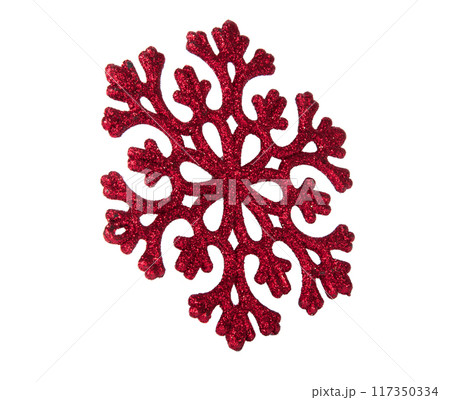 photo of red snowflake isolated on the white 117350334