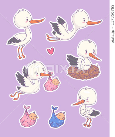 Cute white stork with baby stickers. Isolated funny cartoon kawaii bird character in nest, flying and newborn boy and girl. Vector illustration. Kids collection. 117350765
