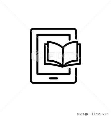 E-reader tablet and book. Portable reading device. Electronic books and text files. Pixel perfect, editable stroke vector icon E-reader tablet and book. Portable reading device. Electronic books and text files. Pixel perfect, editable stroke vector icon 117350777