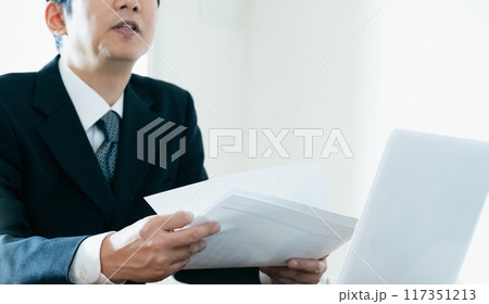 書類を見ながら報告を聞く上司の男性 書類を見ながら報告を聞く上司の男性 117351213