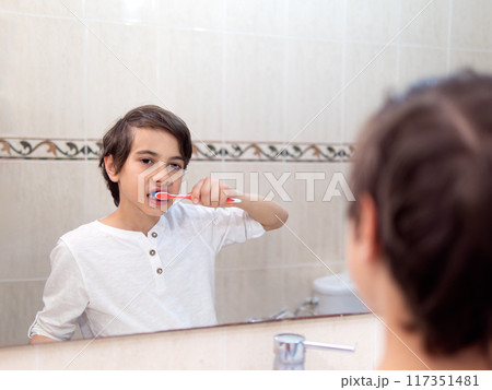 Young boy brushing teeth in bathroom Young boy brushing teeth in bathroom 117351481