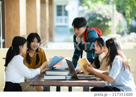 Group of students studying on campus outdoors 117351880