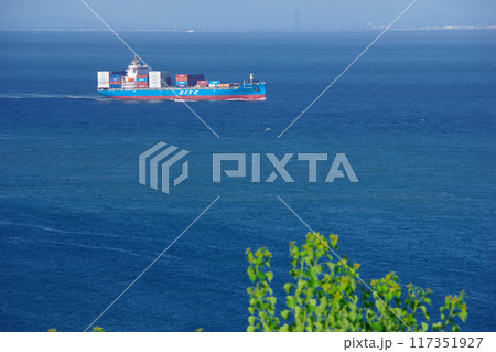 淡路島から紀淡海峡を通過するコンテナ船、奥にスカイゲートブリッジ・りんくうタワーを望む 117351927