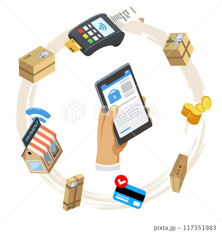 Mobile banking app and e-payment. Hand with smartphone and pay by credit card via electronic wallet wirelessly on phone. Online banking. 117351983