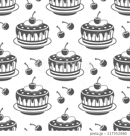Seamless pattern, cherry cakes, engraving, baking silhouettes. Black and white illustration, food background 117352080