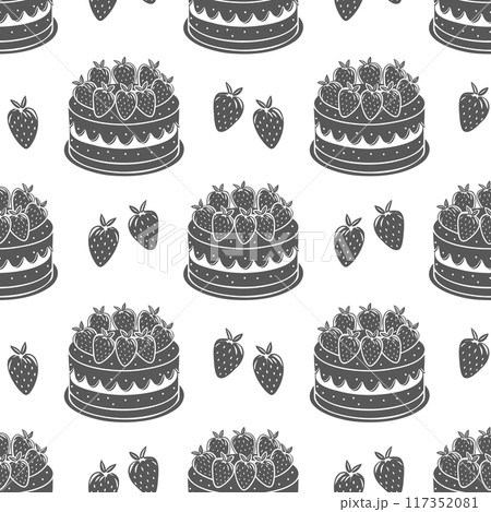 Seamless pattern, strawberry cakes, engraving, baking silhouettes. Black and white illustration, food background 117352081