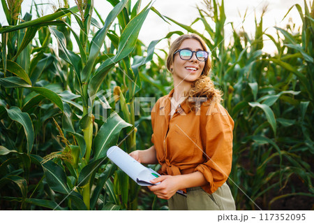 Farmer woman stands in field, inspects green corn plantation. Agricultural industry. Harvest concept 117352095