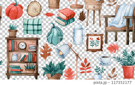 Watercolor seamless pattern cozy home. autumn interior, cute print with furniture 117352177