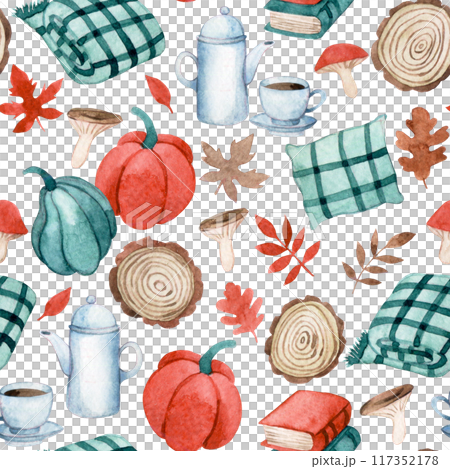 Watercolor seamless pattern cozy autumn. cute illustration with pumpkins, mushrooms and autumn leaves Watercolor seamless pattern cozy autumn. cute illustration with pumpkins, mushrooms and autumn leaves 117352178