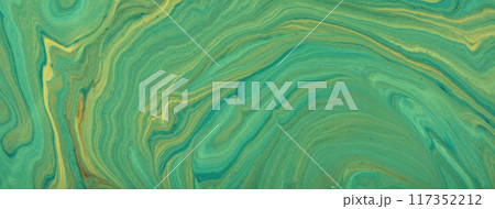 Abstract fluid art background green and yellow colors. Liquid marble. Acrylic painting with emerald gradient and splash. 117352212