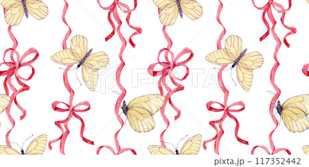 Seamless pattern of satin bows and white butterflies. Watercolor background of pink silk ribbons. Decor for birthdays, weddings, Valentine's day. Decoration in boho style on a isolated background. Seamless pattern of satin bows and white butterflies. Watercolor background of pink silk ribbons. Decor for birthdays, weddings, Valentine's day. Decoration in boho style on a isolated background. 117352442